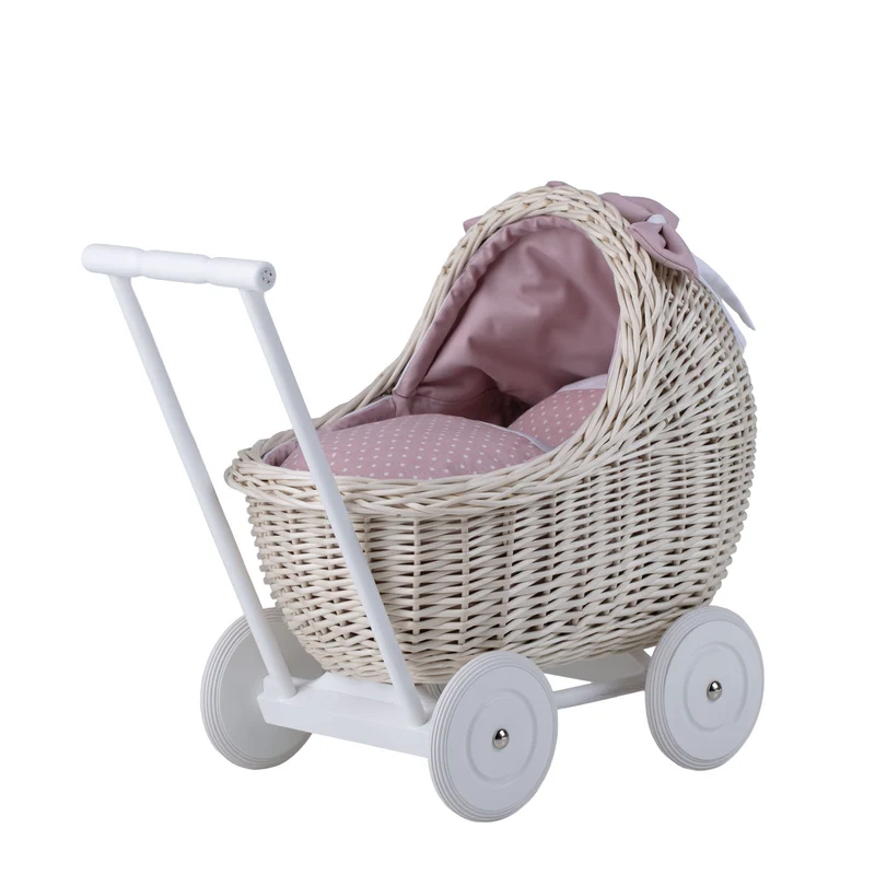 Lili wicker doll stroller with pink trim, blanket, and pillow TheWickerStories