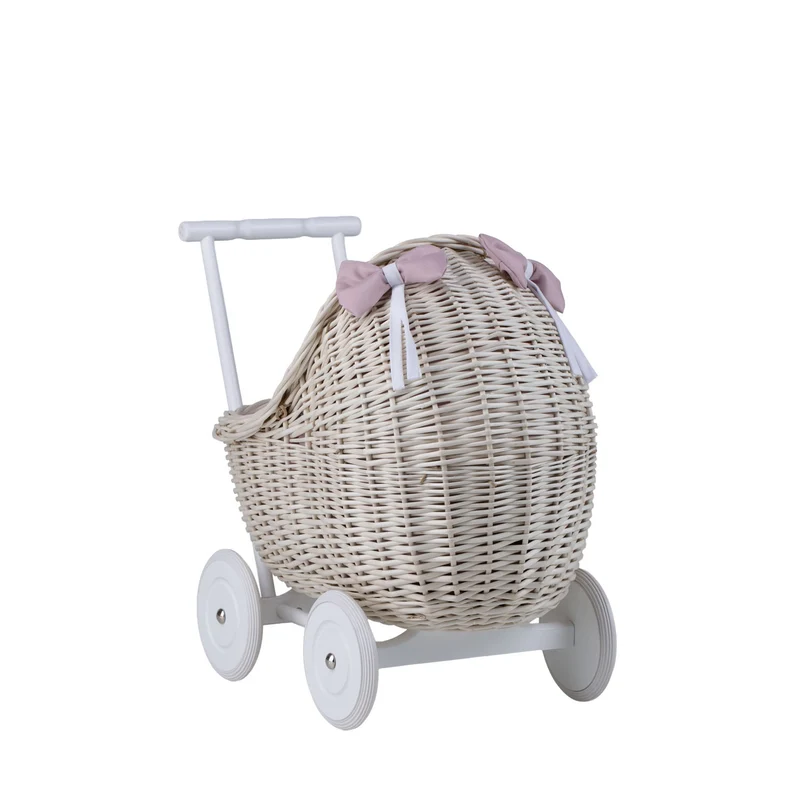 Lili wicker doll stroller with pink trim, blanket, and pillow TheWickerStories
