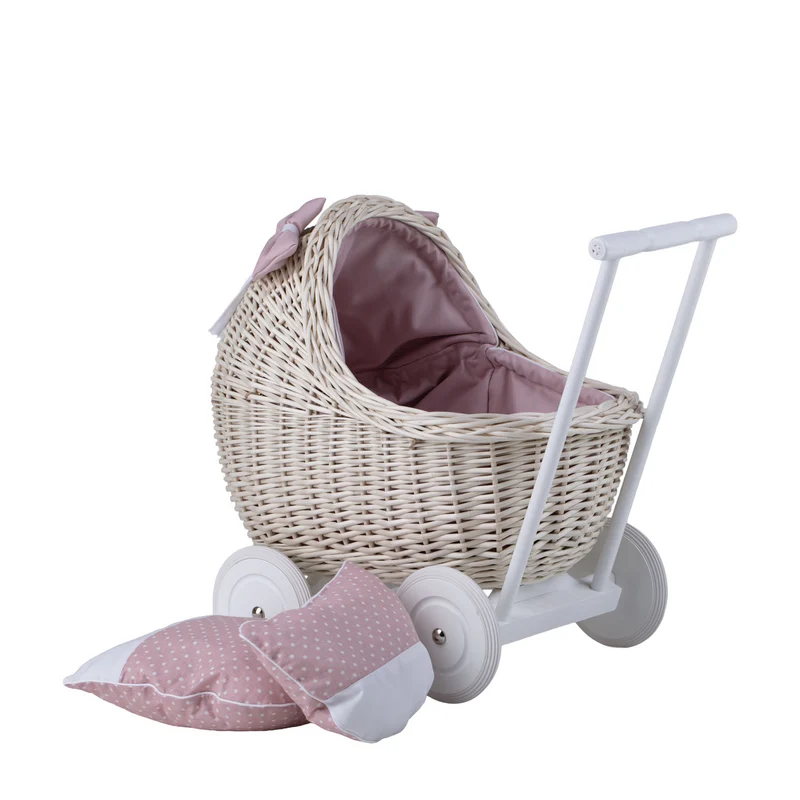 Lili wicker doll stroller with pink trim, blanket, and pillow TheWickerStories
