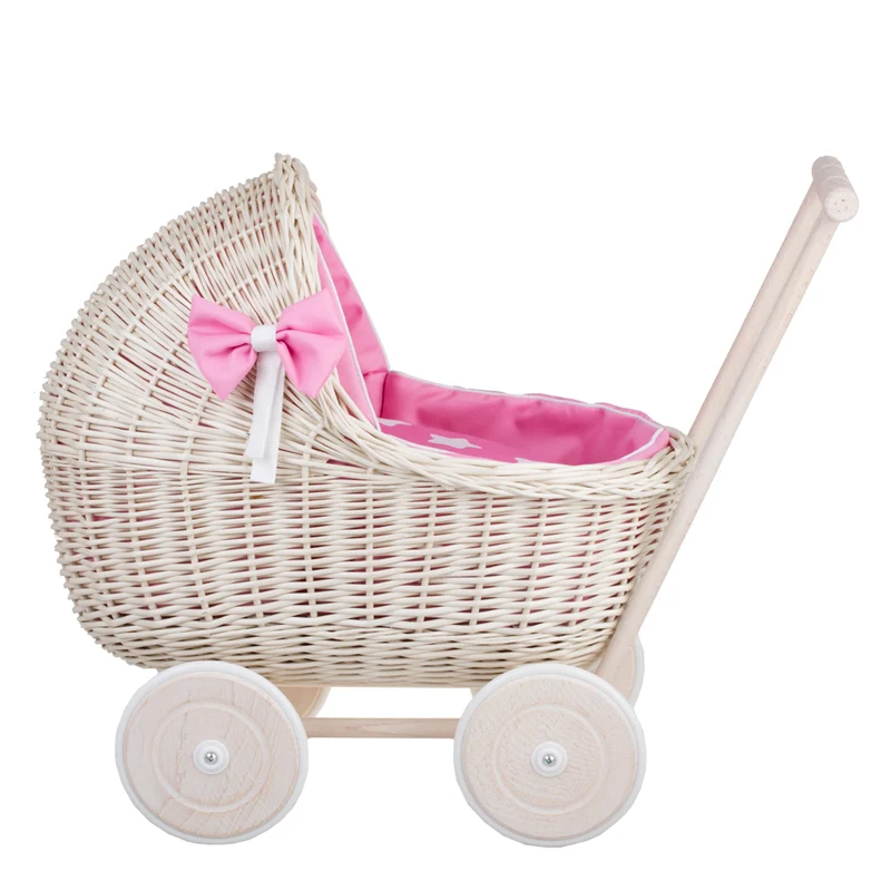 Lili wicker doll stroller with pink trim, blanket, and pillow TheWickerStories