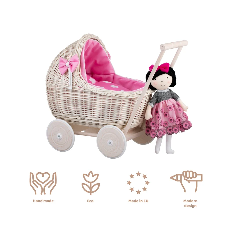 Lili wicker doll stroller with pink trim, blanket, and pillow TheWickerStories