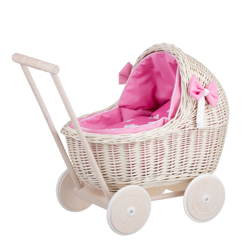 Lili wicker doll stroller with pink trim, blanket, and pillow TheWickerStories