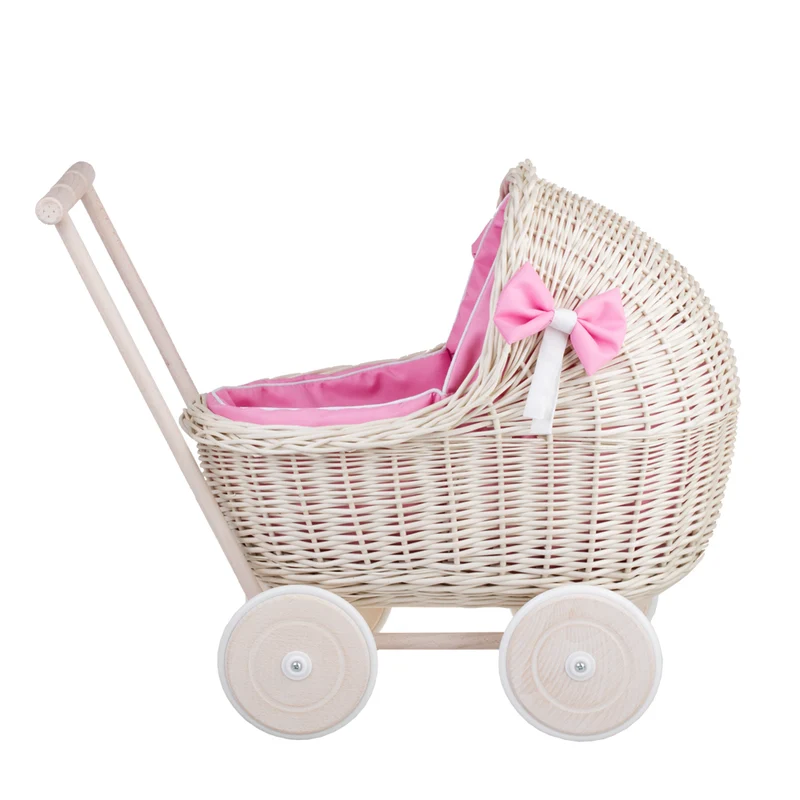 Lili wicker doll stroller with pink trim, blanket, and pillow TheWickerStories