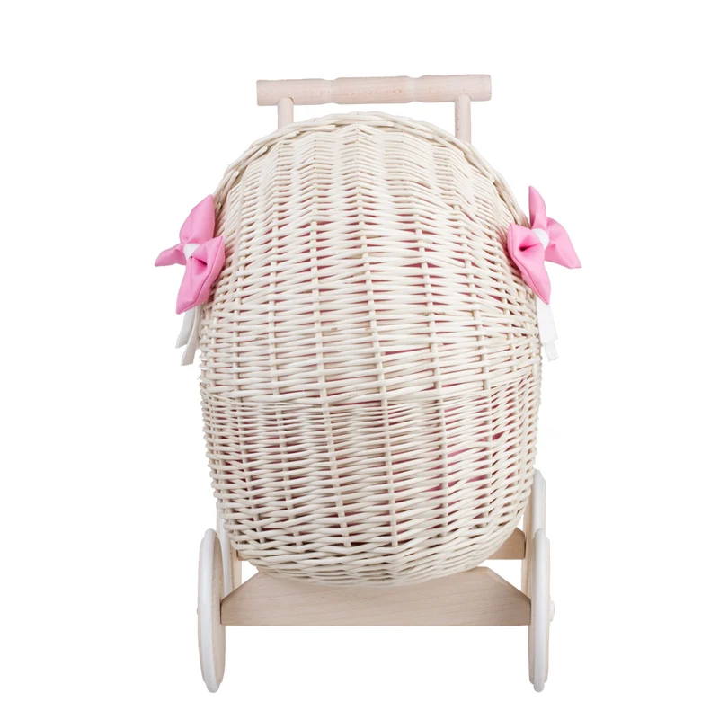 Lili wicker doll stroller with pink trim, blanket, and pillow TheWickerStories