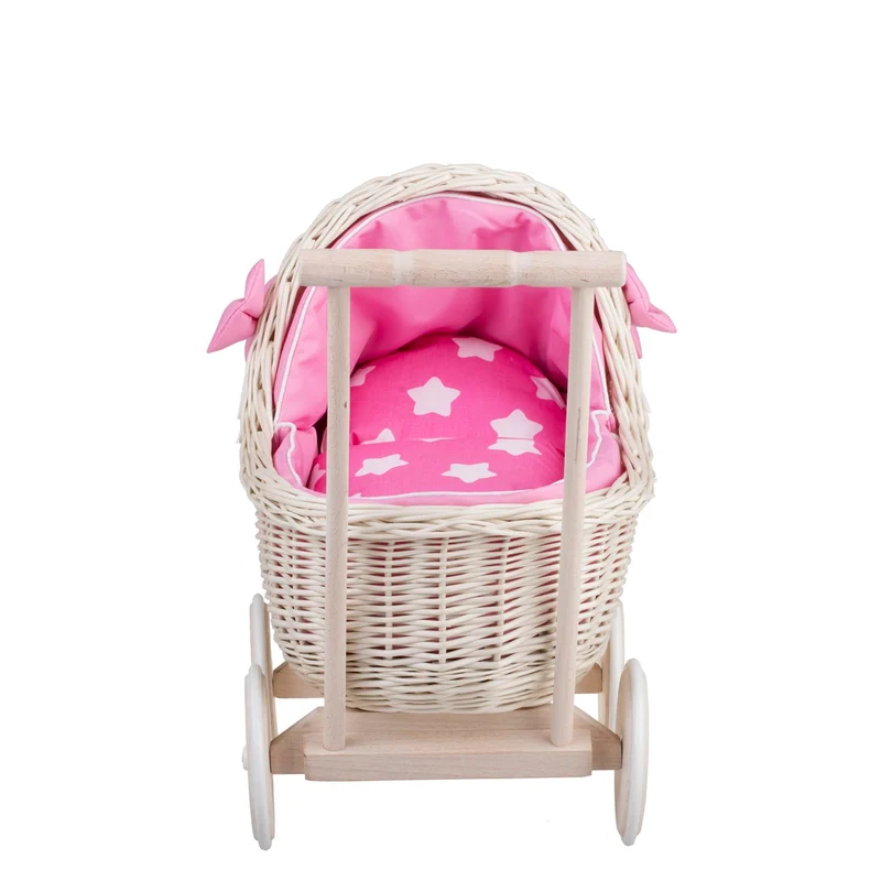 Lili wicker doll stroller with pink trim, blanket, and pillow TheWickerStories