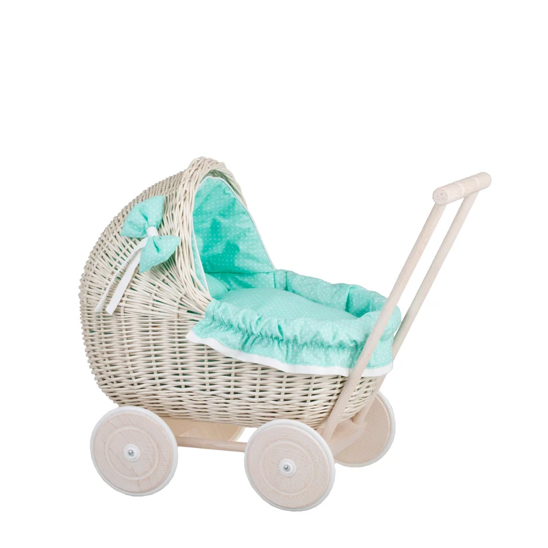 Lili wicker doll stroller with mint trim, blanket, and pillow TheWickerStories