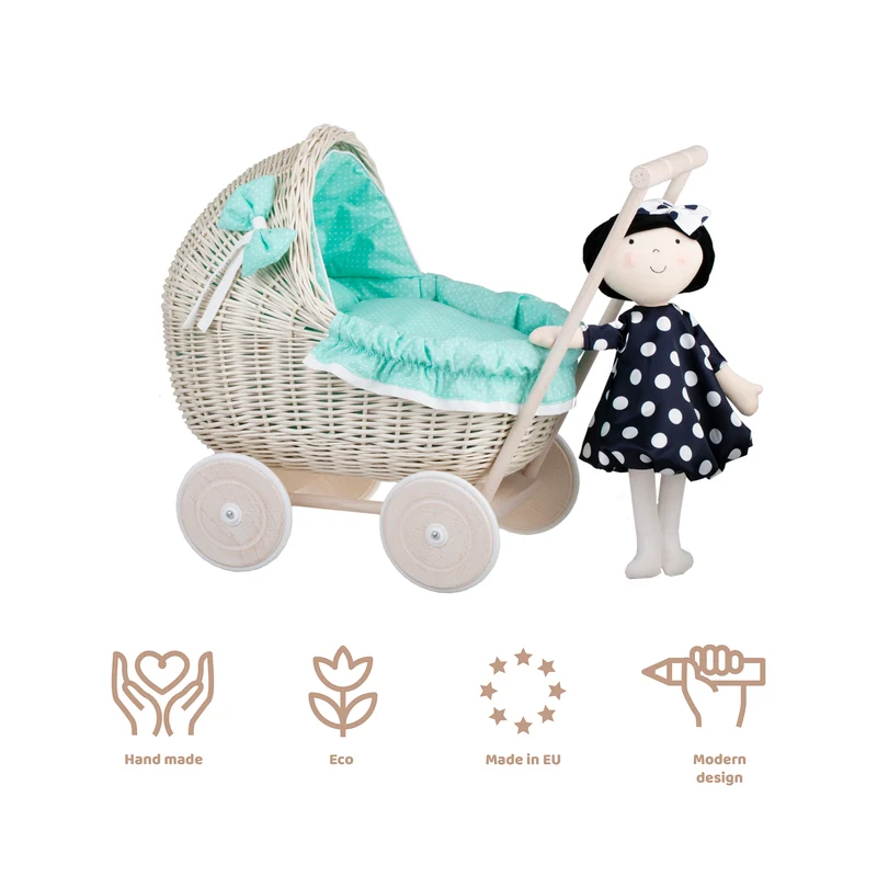 Lili wicker doll stroller with mint trim, blanket, and pillow TheWickerStories