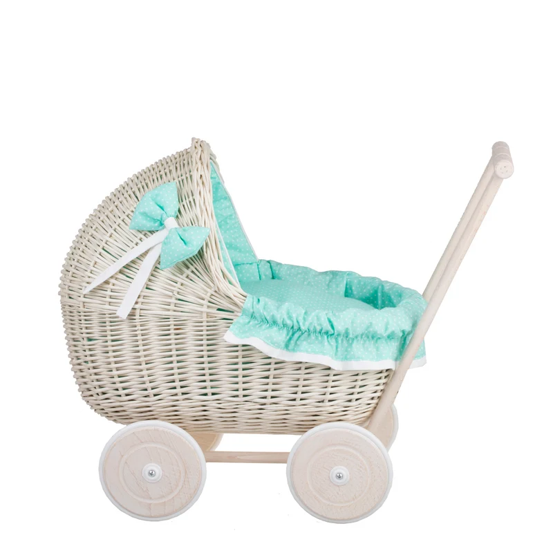Lili wicker doll stroller with mint trim, blanket, and pillow TheWickerStories