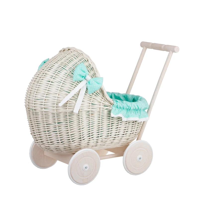 Lili wicker doll stroller with mint trim, blanket, and pillow TheWickerStories