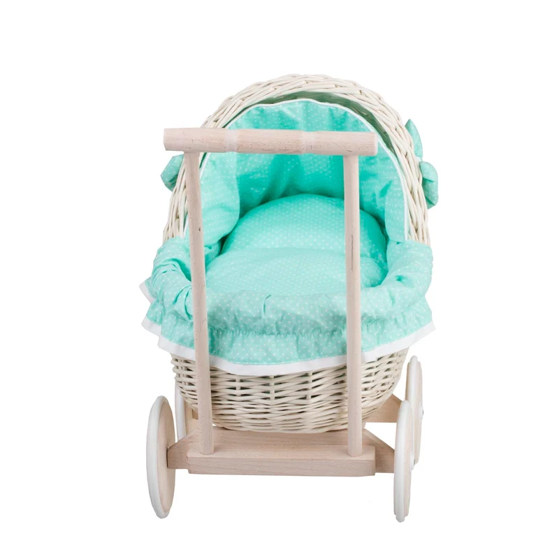 Lili wicker doll stroller with mint trim, blanket, and pillow TheWickerStories