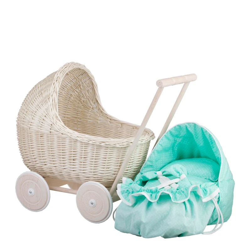Lili wicker doll stroller with mint trim, blanket, and pillow TheWickerStories