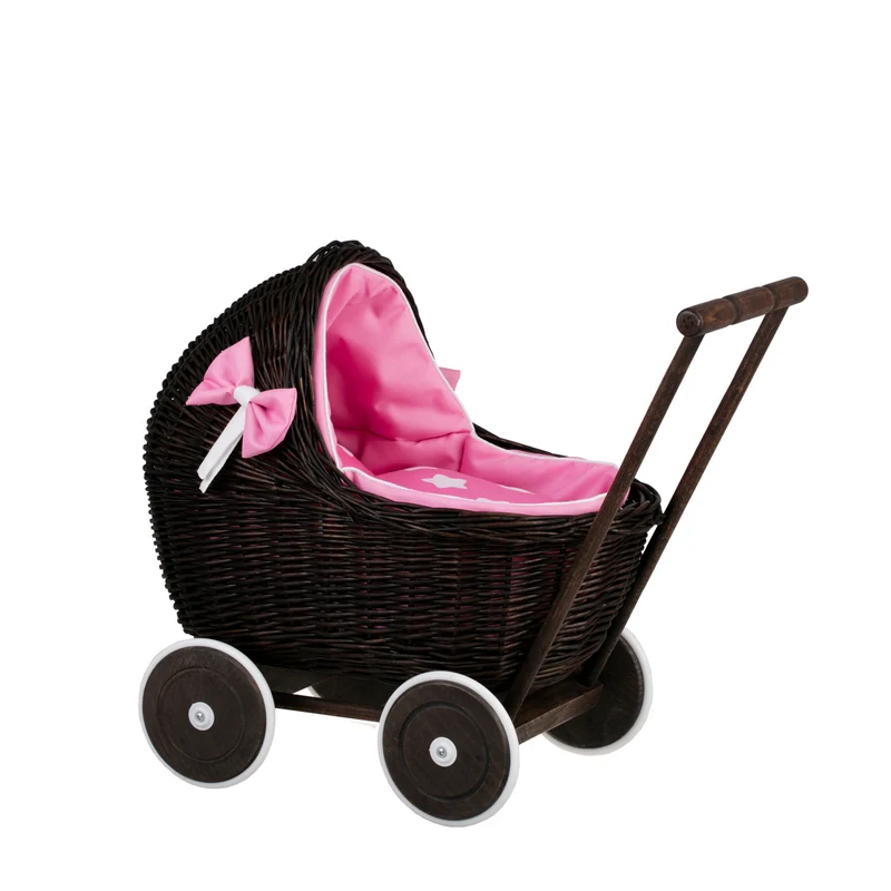 Lili wicker doll stroller with pink trim, blanket, and pillow TheWickerStories