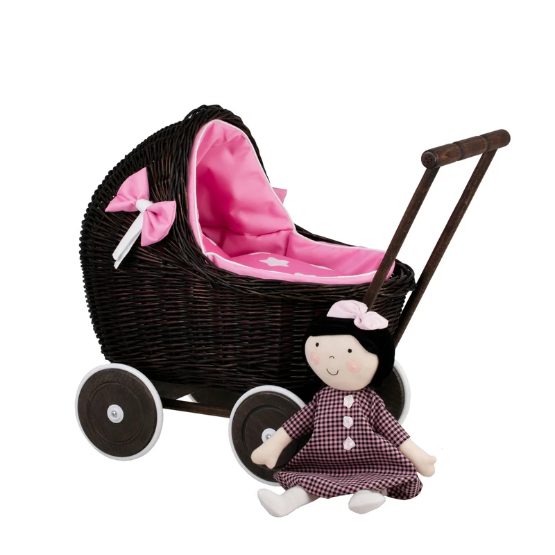 Lili wicker doll stroller with pink trim, blanket, and pillow TheWickerStories