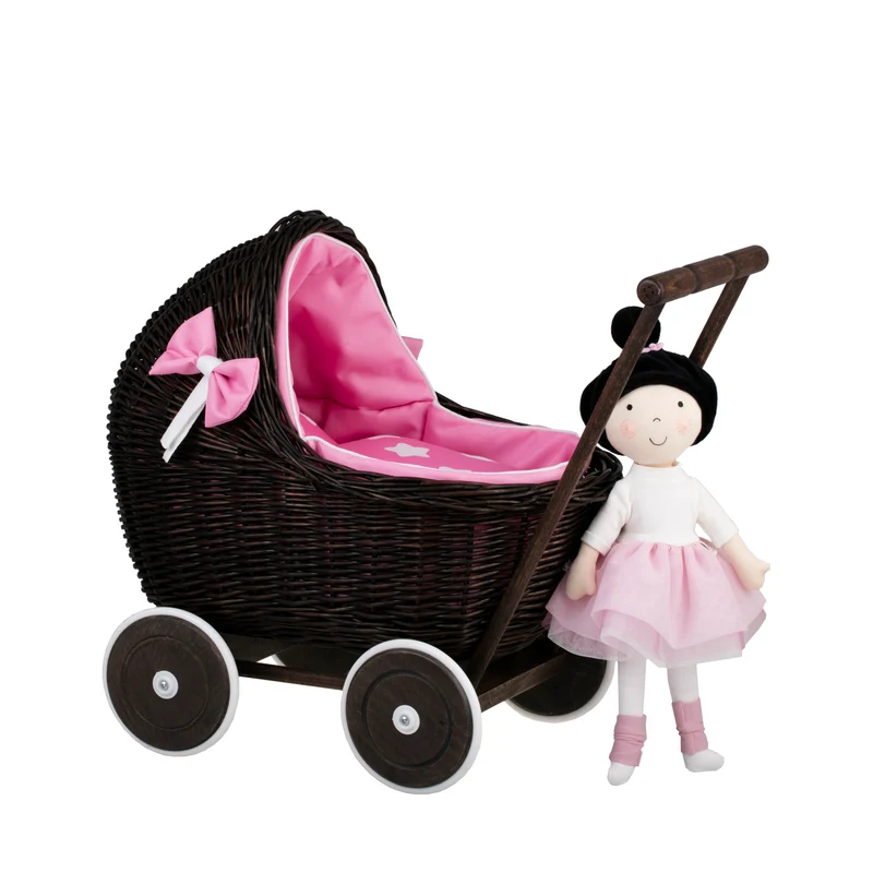 Lili wicker doll stroller with pink trim, blanket, and pillow TheWickerStories