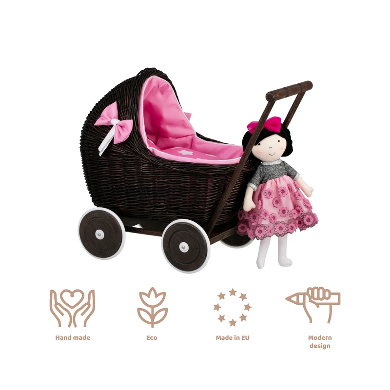 Lili wicker doll stroller with pink trim, blanket, and pillow TheWickerStories