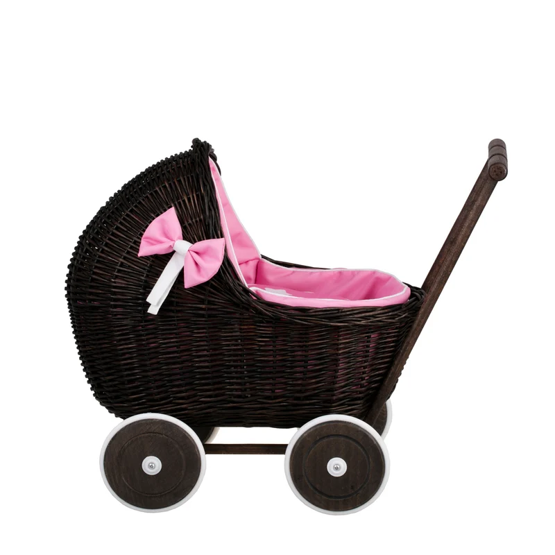 Lili wicker doll stroller with pink trim, blanket, and pillow TheWickerStories