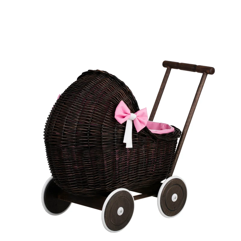 Lili wicker doll stroller with pink trim, blanket, and pillow TheWickerStories