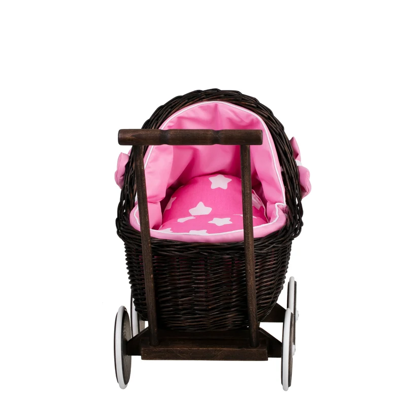 Lili wicker doll stroller with pink trim, blanket, and pillow TheWickerStories