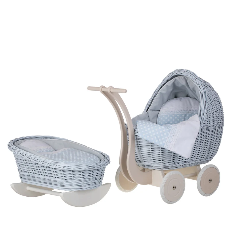 Lili wicker stroller and cradle for dolls with blue trim, blanket, and pillow TheWickerStories