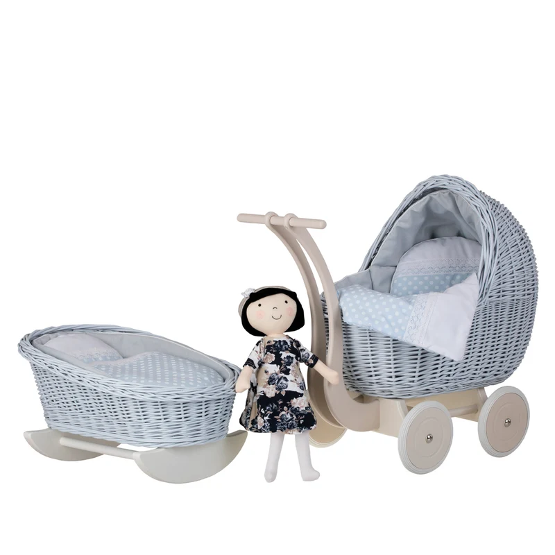 Lili wicker stroller and cradle for dolls with blue trim, blanket, and pillow TheWickerStories