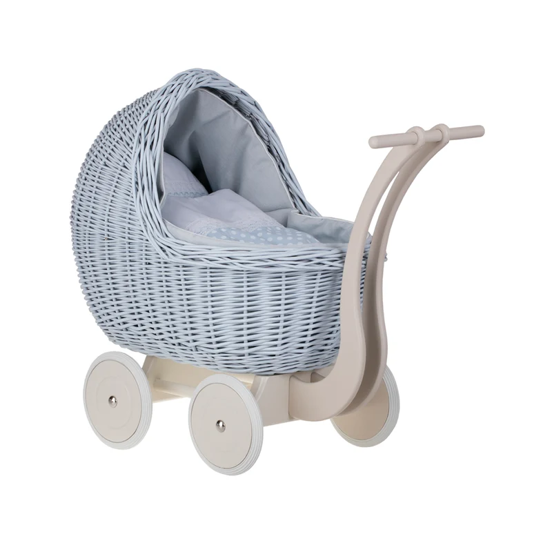 Lili wicker stroller and cradle for dolls with blue trim, blanket, and pillow TheWickerStories