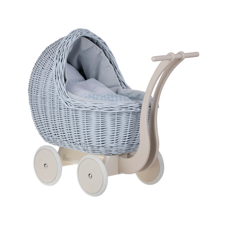 Lili wicker doll stroller with blue trim, blanket, and pillow TheWickerStories