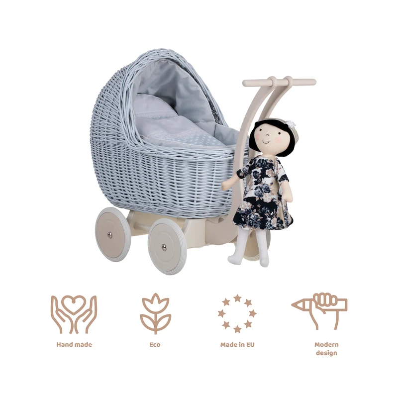 Lili wicker doll stroller with blue trim, blanket, and pillow TheWickerStories