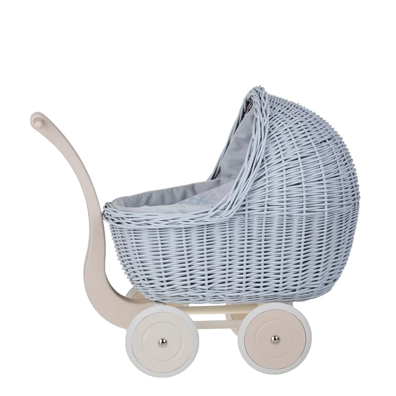 Lili wicker doll stroller with blue trim, blanket, and pillow TheWickerStories