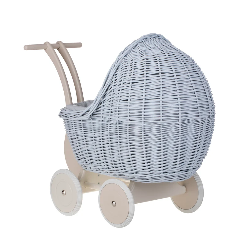 Lili wicker doll stroller with blue trim, blanket, and pillow TheWickerStories
