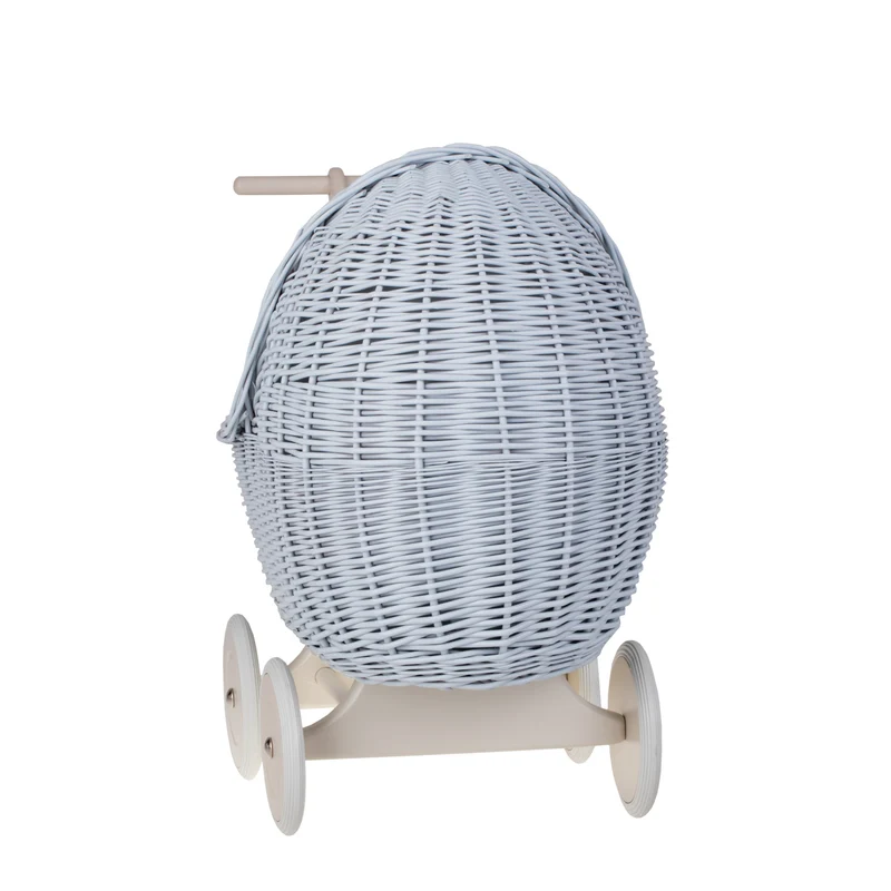 Lili wicker doll stroller with blue trim, blanket, and pillow TheWickerStories