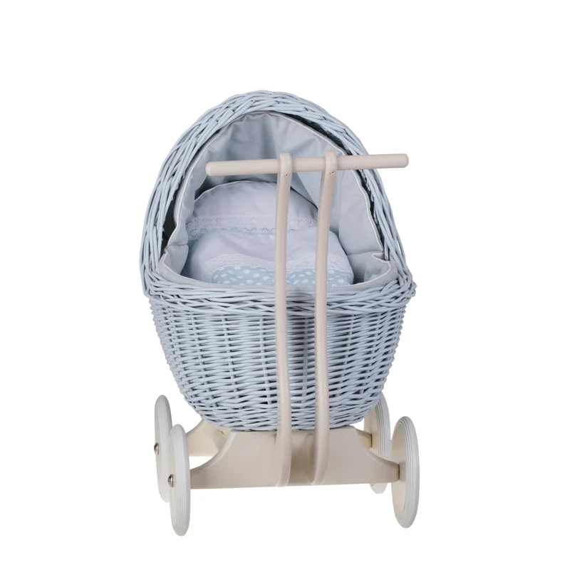 Lili wicker doll stroller with blue trim, blanket, and pillow TheWickerStories
