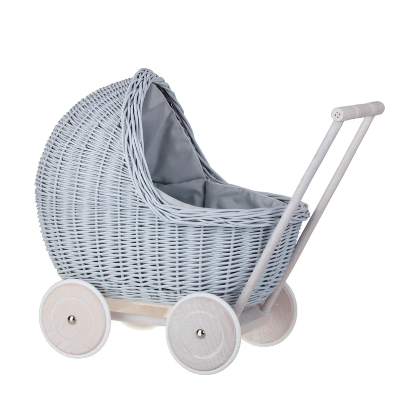 Lili wicker doll stroller with blue trim, blanket, and pillow TheWickerStories