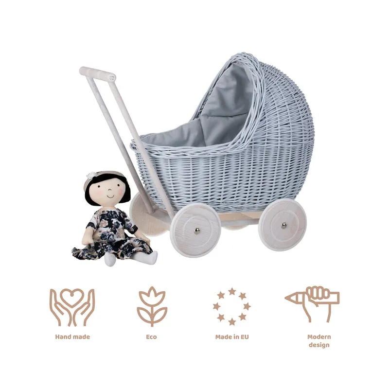 Lili wicker doll stroller with blue trim, blanket, and pillow TheWickerStories