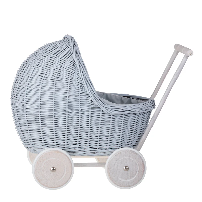 Lili wicker doll stroller with blue trim, blanket, and pillow TheWickerStories