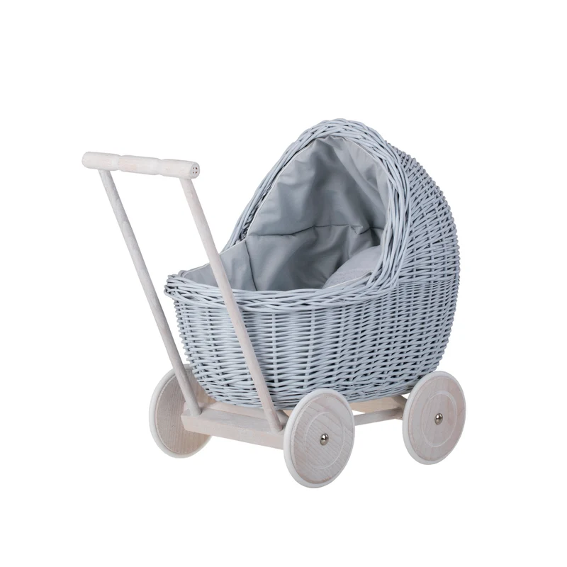 Lili wicker doll stroller with blue trim, blanket, and pillow TheWickerStories