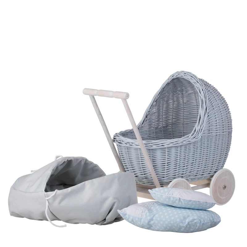 Lili wicker doll stroller with blue trim, blanket, and pillow TheWickerStories