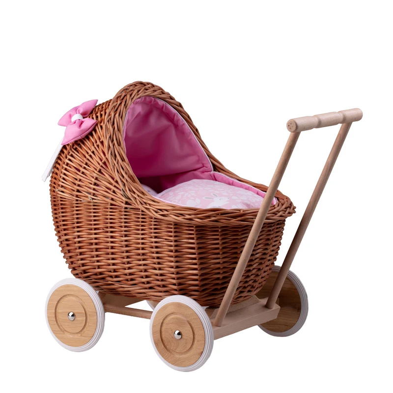 Lili wicker doll stroller with pink trim, blanket, and pillow TheWickerStories