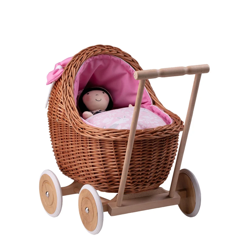 Lili wicker doll stroller with pink trim, blanket, and pillow TheWickerStories