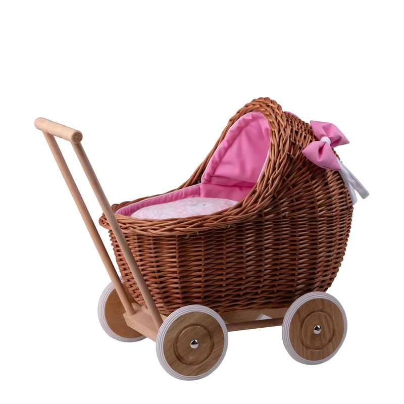 Lili wicker doll stroller with pink trim, blanket, and pillow TheWickerStories