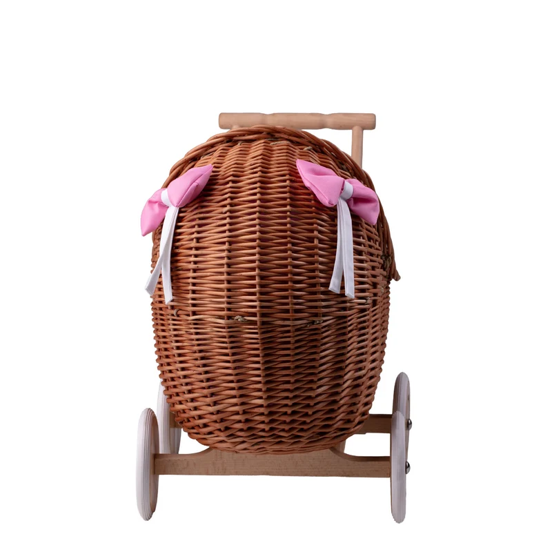 Lili wicker doll stroller with pink trim, blanket, and pillow TheWickerStories
