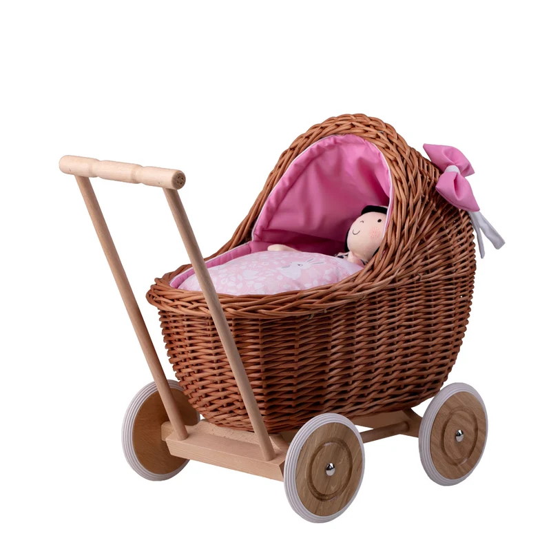 Lili wicker doll stroller with pink trim, blanket, and pillow TheWickerStories