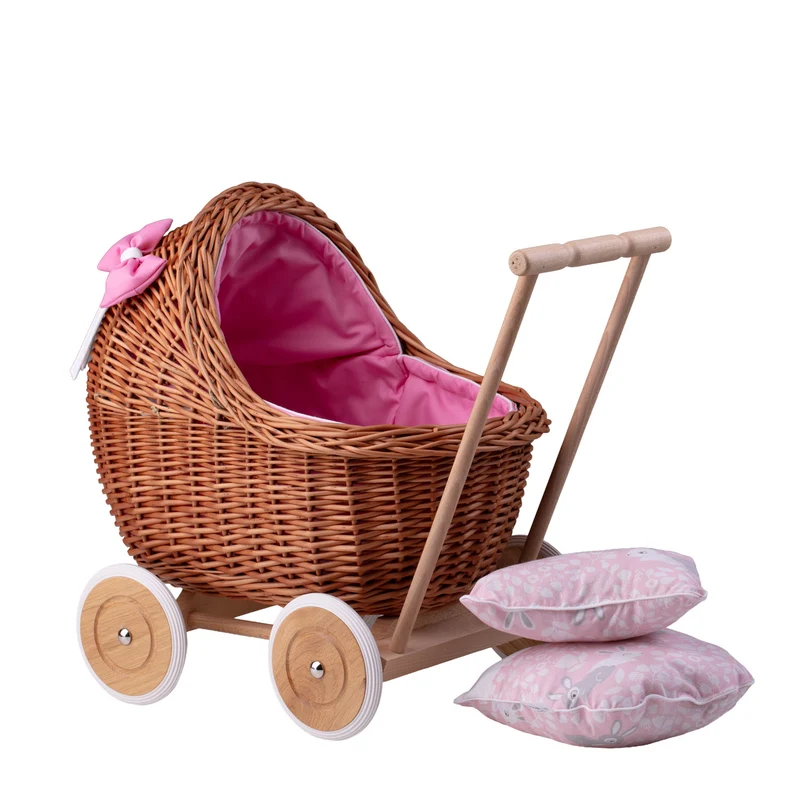 Lili wicker doll stroller with pink trim, blanket, and pillow TheWickerStories