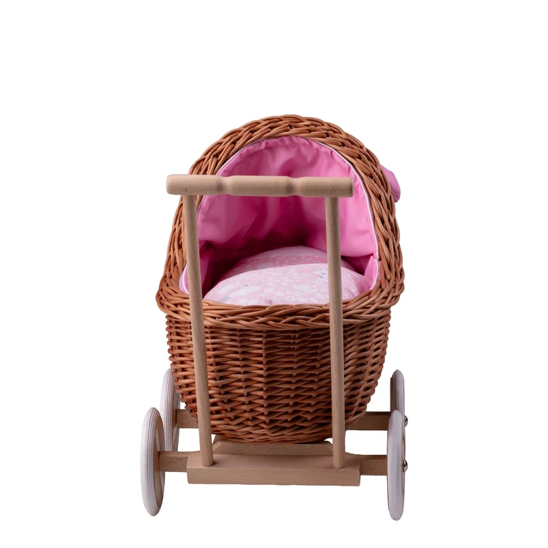 Lili wicker doll stroller with pink trim, blanket, and pillow TheWickerStories