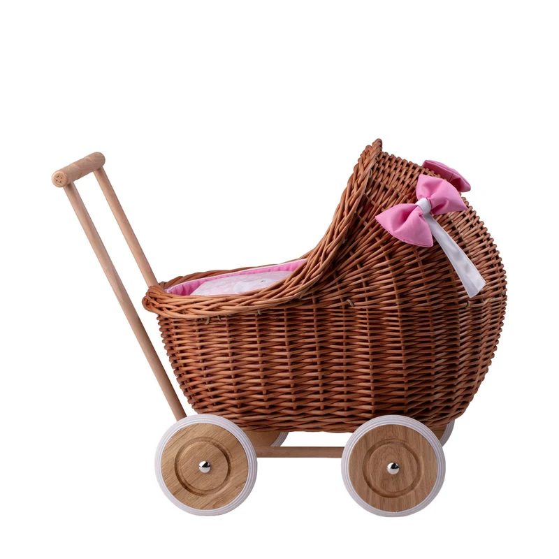 Lili wicker doll stroller with pink trim, blanket, and pillow TheWickerStories