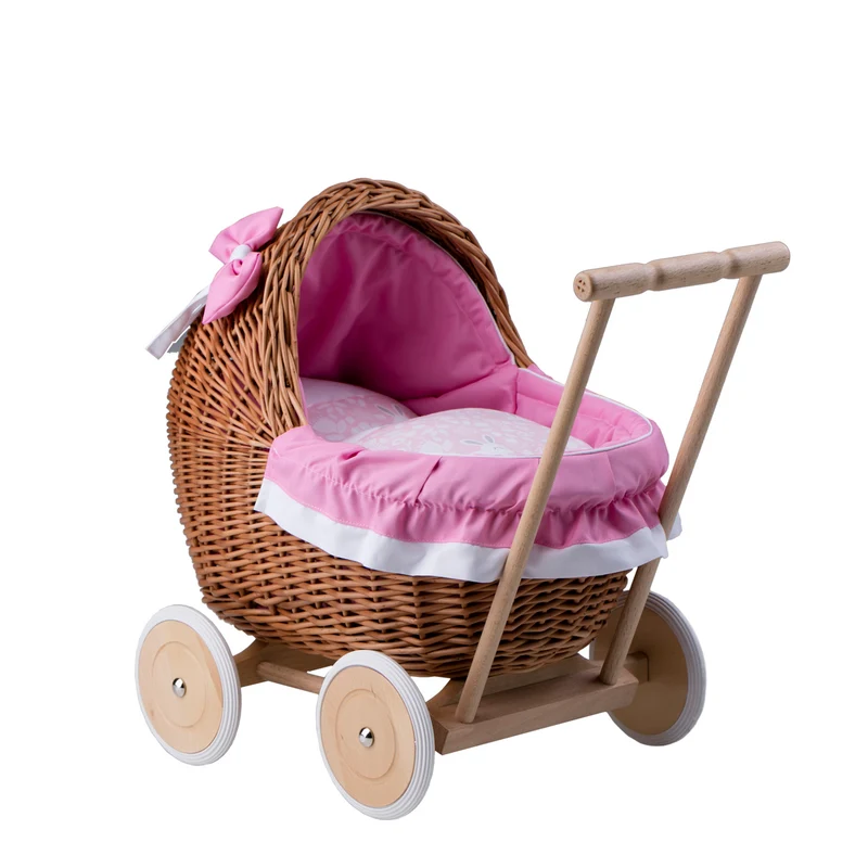 Lili wicker doll stroller with pink trim, blanket, and pillow TheWickerStories
