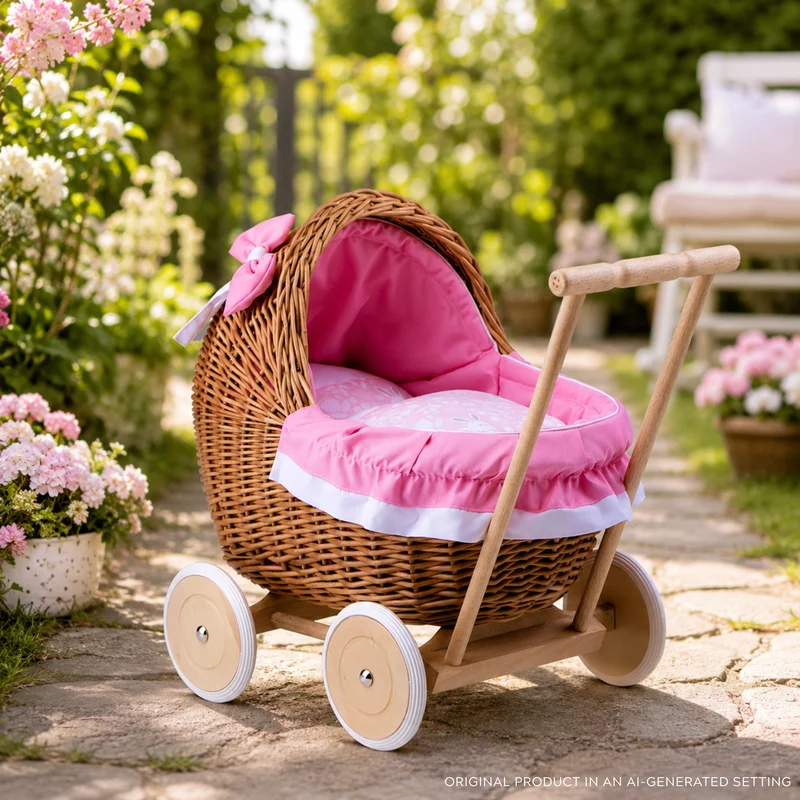 Lili wicker doll stroller with pink trim, blanket, and pillow TheWickerStories