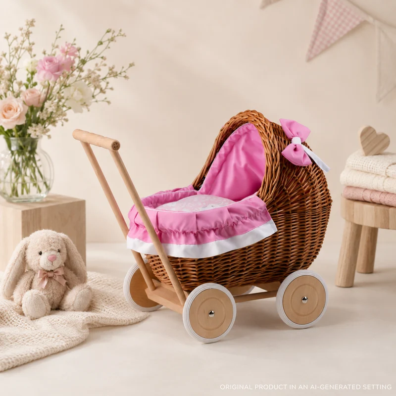 Lili wicker doll stroller with pink trim, blanket, and pillow TheWickerStories