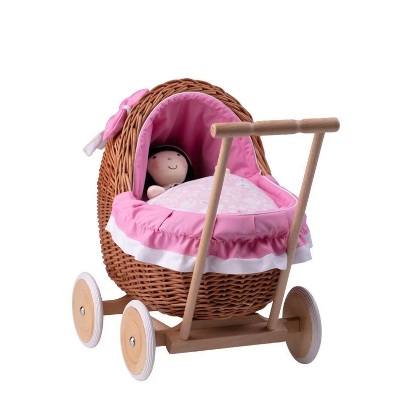 Lili wicker doll stroller with pink trim, blanket, and pillow TheWickerStories