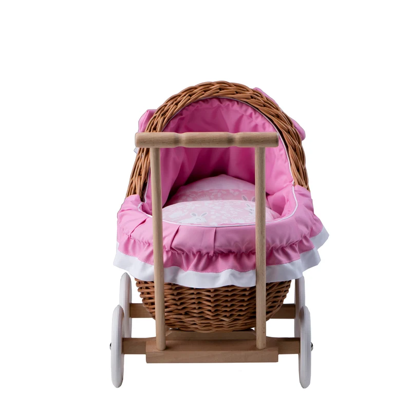Lili wicker doll stroller with pink trim, blanket, and pillow TheWickerStories