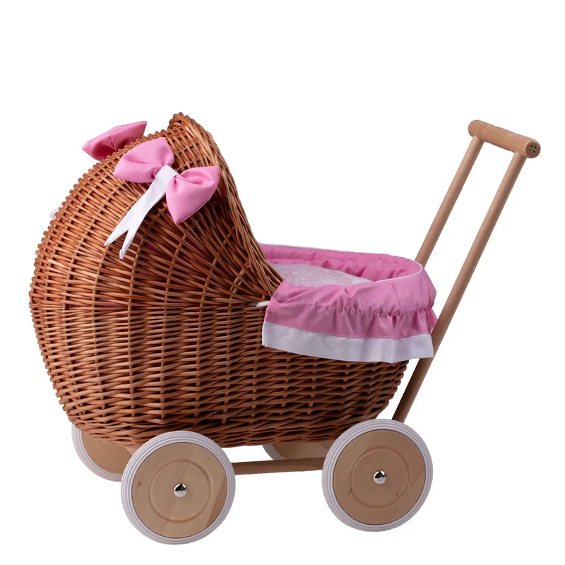 Lili wicker doll stroller with pink trim, blanket, and pillow TheWickerStories